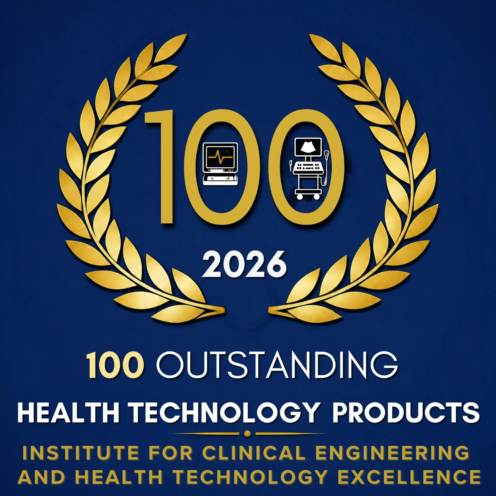 100 Outstanding Health Technology Products 2026 — laurel emblem with medical device icons