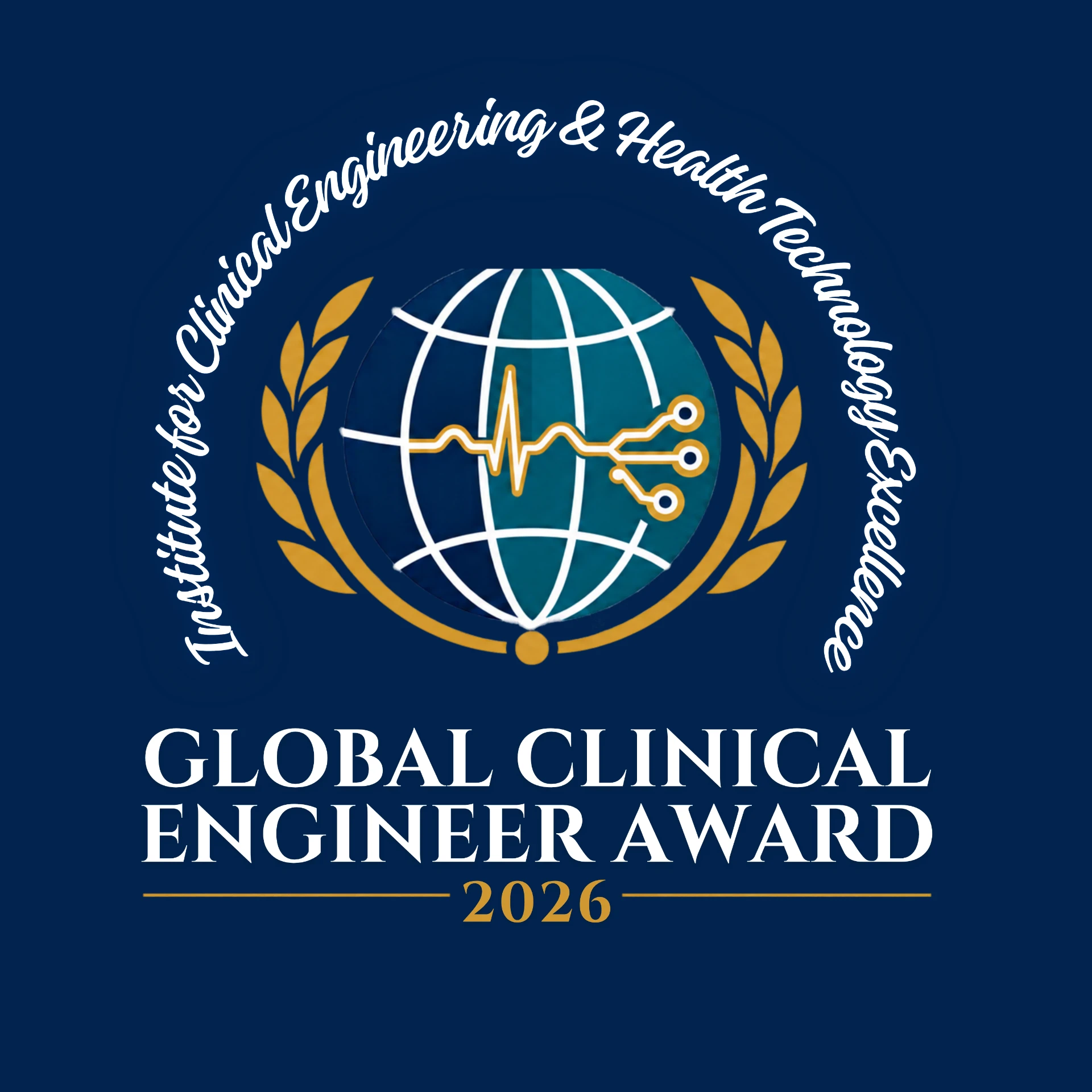 Global Clinical Engineer Award 2026 — emblem of a globe with laurel wreath