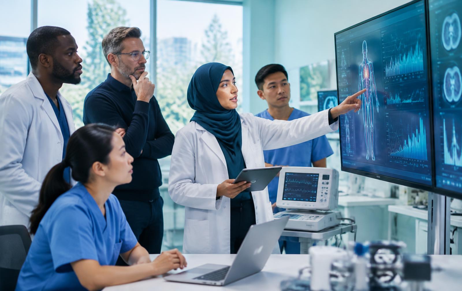 A diverse international team of clinicians and engineers reviewing healthcare technology data